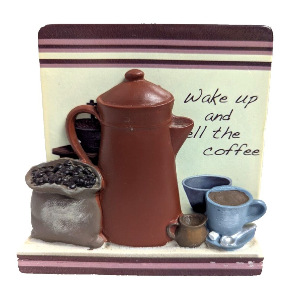 Coffee Pot Cup and Bean Bag Stoneware 4 Coaster Set 1 Holder Brown Tan Blue